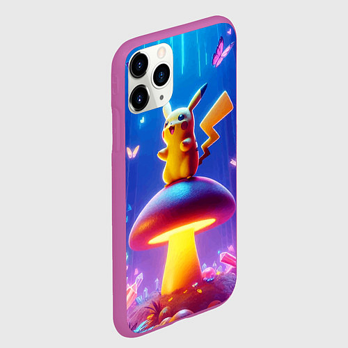 Чехол iPhone 11 Pro матовый Пикачу на грибе в сказочном лесу - фантазия / 3D-Фиолетовый – фото 2