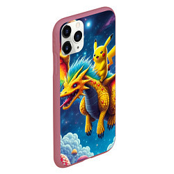 Чехол iPhone 11 Pro матовый Pikachu on a fabulous dragon - neon glow, цвет: 3D-малиновый — фото 2