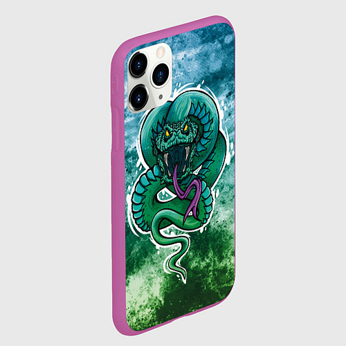 Чехол iPhone 11 Pro матовый Агрессивная зеленая змея на абстрактном фоне / 3D-Фиолетовый – фото 2