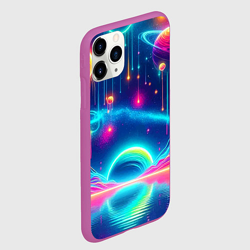 Чехол iPhone 11 Pro матовый Неоновый космос - нейроарт фантазия / 3D-Фиолетовый – фото 2