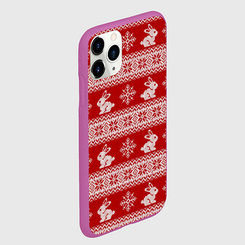 Чехол iPhone 11 Pro матовый Вязаный зимний узор с зайчатами / 3D-Фиолетовый – фото 2