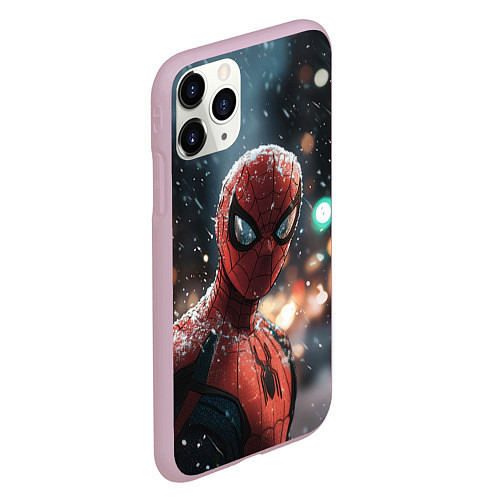 Чехол iPhone 11 Pro матовый Spider man на фоне снегопада / 3D-Розовый – фото 2