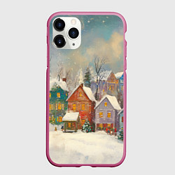 Чехол iPhone 11 Pro матовый Новогодний уютный городок, цвет: 3D-малиновый