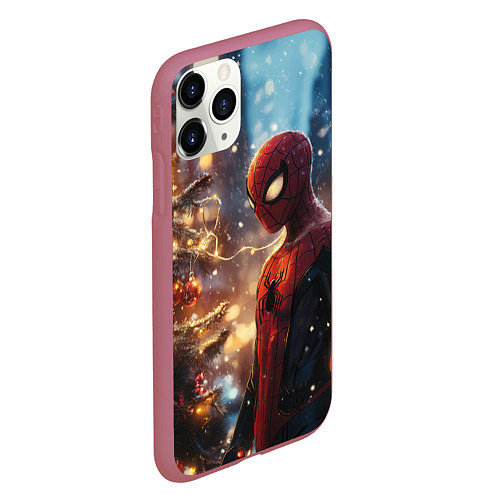 Чехол iPhone 11 Pro матовый Spider-man new year / 3D-Малиновый – фото 2