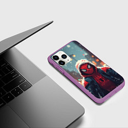 Чехол iPhone 11 Pro матовый Человек-паук под снегопадом - новогодний город, цвет: 3D-фиолетовый — фото 2