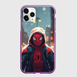 Чехол iPhone 11 Pro матовый Человек-паук под снегопадом - новогодний город, цвет: 3D-фиолетовый