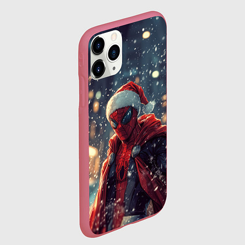Чехол iPhone 11 Pro матовый Человек-паук в шапке Санты / 3D-Малиновый – фото 2
