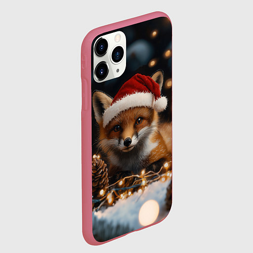 Чехол iPhone 11 Pro матовый Лисица в новогодней шапочке / 3D-Малиновый – фото 2