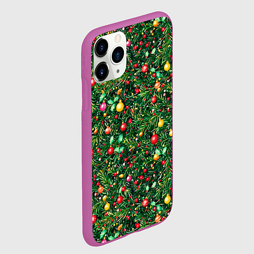Чехол iPhone 11 Pro матовый Разноцветные шары на ёлке / 3D-Фиолетовый – фото 2