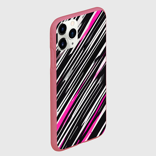 Чехол iPhone 11 Pro матовый Диагональные розово-белые полосы на чёрном фоне / 3D-Малиновый – фото 2