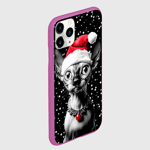 Чехол iPhone 11 Pro матовый Сфинкс в шапке Санты / 3D-Фиолетовый – фото 2