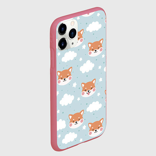 Чехол iPhone 11 Pro матовый Узор сибу ину и облака / 3D-Малиновый – фото 2