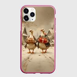 Чехол iPhone 11 Pro матовый Новогодние гуси с подарками, цвет: 3D-малиновый