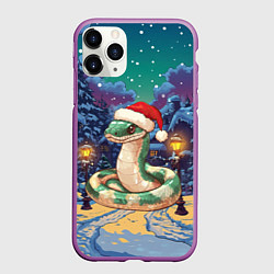 Чехол iPhone 11 Pro матовый Новогодняя змея в ночном городе, цвет: 3D-фиолетовый