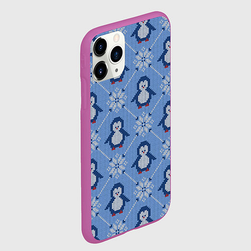 Чехол iPhone 11 Pro матовый Вязаный узор с милыми пингвинами и скандинавским о / 3D-Фиолетовый – фото 2
