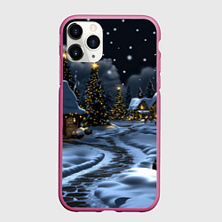 Чехол iPhone 11 Pro матовый Ночной новогодний город, цвет: 3D-малиновый