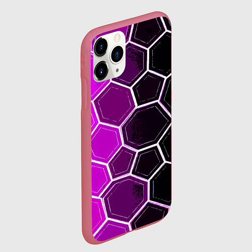 Чехол iPhone 11 Pro матовый Белые шестиугольники на чёрно-фиолетовом фоне / 3D-Малиновый – фото 2