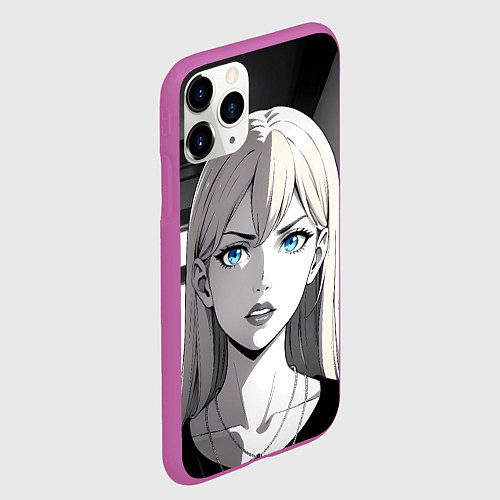 Чехол iPhone 11 Pro матовый Нейросеть - аниме блондинка / 3D-Фиолетовый – фото 2