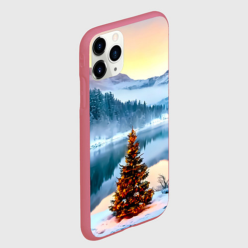 Чехол iPhone 11 Pro матовый Новогодняя елочка на берегу озера / 3D-Малиновый – фото 2