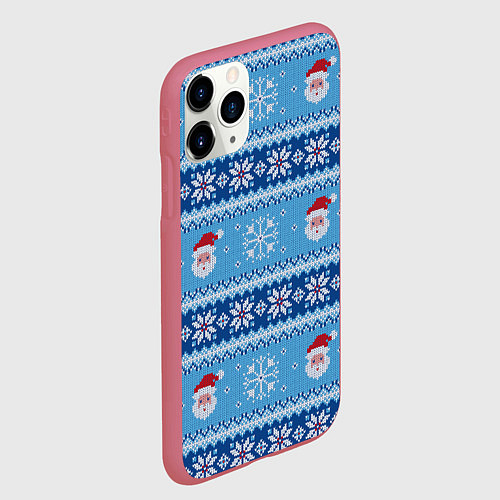 Чехол iPhone 11 Pro матовый Вязаный новогодний узор с Дедом Морозом / 3D-Малиновый – фото 2