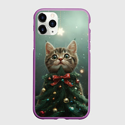 Чехол iPhone 11 Pro матовый Котик - новогодняя елочка, цвет: 3D-фиолетовый