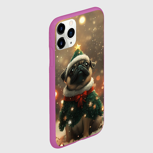 Чехол iPhone 11 Pro матовый Мопс в костюме елки / 3D-Фиолетовый – фото 2