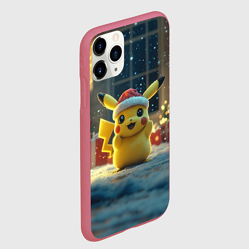 Чехол iPhone 11 Pro матовый Счастливый новогодний Пикачу / 3D-Малиновый – фото 2