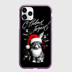 Чехол iPhone 11 Pro матовый Милый кролик в шапке Деда Мороза, цвет: 3D-фиолетовый
