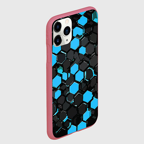 Чехол iPhone 11 Pro матовый Сине-серые шестиугольники на чёрном фоне / 3D-Малиновый – фото 2