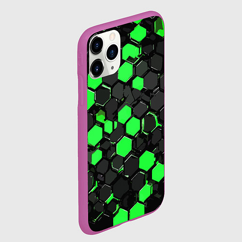 Чехол iPhone 11 Pro матовый Зелёно-серые шестиугольники на чёрном фоне / 3D-Фиолетовый – фото 2