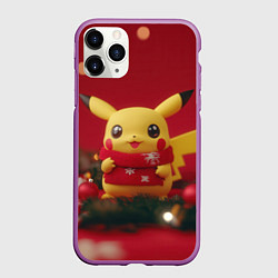 Чехол iPhone 11 Pro матовый Пикачу новогодний в красном шарфе, цвет: 3D-фиолетовый