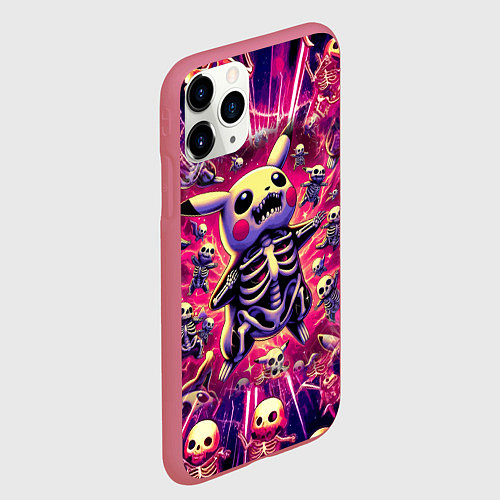 Чехол iPhone 11 Pro матовый Пикачу и скелетики - авангардный паттерн / 3D-Малиновый – фото 2