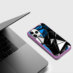 Чехол iPhone 11 Pro матовый Сине-белые рельефные треугольники на чёрном фоне, цвет: 3D-фиолетовый — фото 2