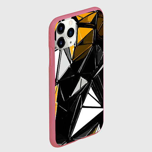 Чехол iPhone 11 Pro матовый Жёлто-белые рельефные треугольники на чёрном фоне / 3D-Малиновый – фото 2