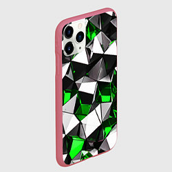 Чехол iPhone 11 Pro матовый Зелёно-белые рельефные треугольники на чёрном фоне, цвет: 3D-малиновый — фото 2