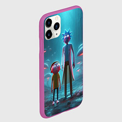Чехол iPhone 11 Pro матовый Морти и Рик в сказочном неоновом грибном лесу, цвет: 3D-фиолетовый — фото 2