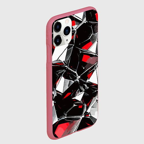 Чехол iPhone 11 Pro матовый Красно-белый паттерн на чёрном фоне / 3D-Малиновый – фото 2