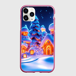 Чехол iPhone 11 Pro матовый Новогодний свет в домиках, цвет: 3D-малиновый