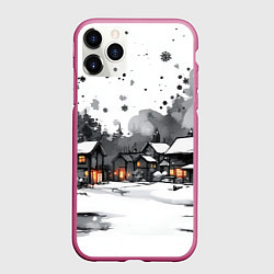 Чехол iPhone 11 Pro матовый Белый заснеженный город, цвет: 3D-малиновый