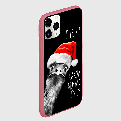 Чехол iPhone 11 Pro матовый Удивленный страус в шапке Деда Мороза / 3D-Малиновый – фото 2