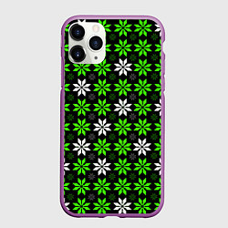 Чехол iPhone 11 Pro матовый Бело-зелёные звёзды на чёрном фоне, цвет: 3D-фиолетовый