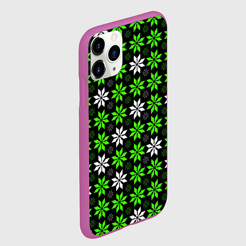 Чехол iPhone 11 Pro матовый Бело-зелёные звёзды на чёрном фоне / 3D-Фиолетовый – фото 2