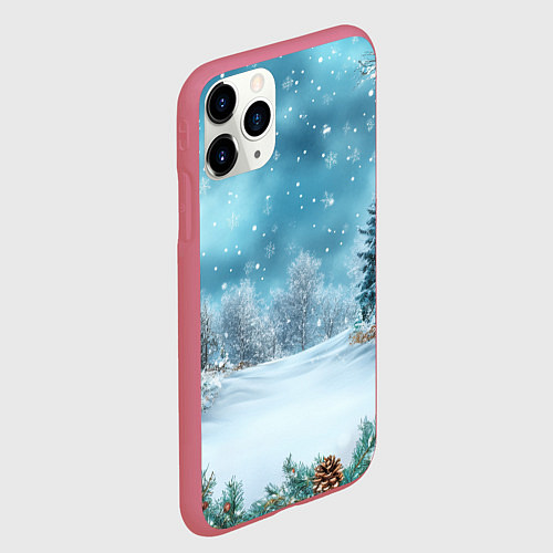 Чехол iPhone 11 Pro матовый Новогодний снег / 3D-Малиновый – фото 2