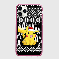 Чехол iPhone 11 Pro матовый Пикачу свитер ugly black, цвет: 3D-малиновый
