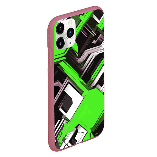 Чехол iPhone 11 Pro матовый Бело-зелёный техно паттерн на чёрном фоне / 3D-Малиновый – фото 2