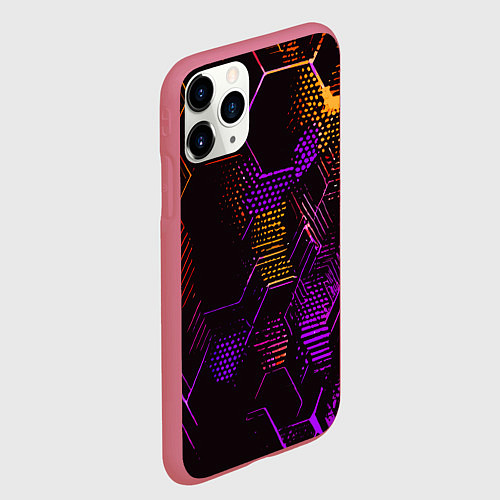 Чехол iPhone 11 Pro матовый Жёлто-фиолетовые точки и линии на чёрном фоне / 3D-Малиновый – фото 2