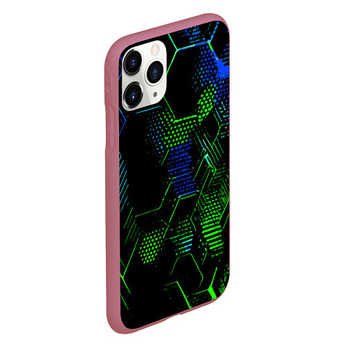 Чехол iPhone 11 Pro матовый Сине-зелёные точки и линии на чёрном фоне / 3D-Малиновый – фото 2