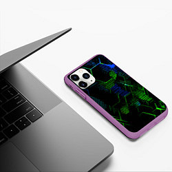 Чехол iPhone 11 Pro матовый Сине-зелёные точки и линии на чёрном фоне, цвет: 3D-фиолетовый — фото 2