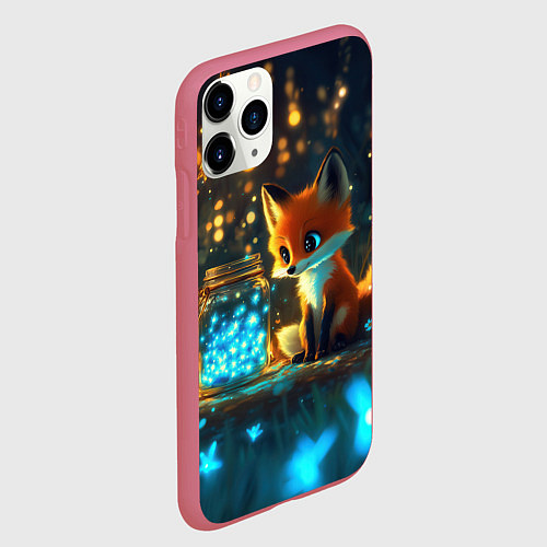 Чехол iPhone 11 Pro матовый Лисица и сияющие бабочки / 3D-Малиновый – фото 2