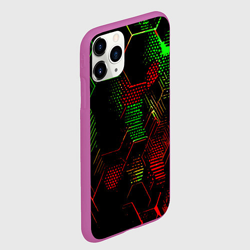 Чехол iPhone 11 Pro матовый Красно-зелёные точки и линии на чёрном фоне / 3D-Фиолетовый – фото 2